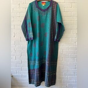 Sheetal Teal and Purple Long Sleeve Dress Sz. Med. V Neck Exotic Print Ethnic
